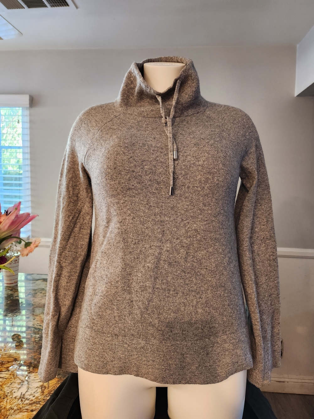 Ann Taylor Heather Gray Funnel Collar Drawcord Sweater